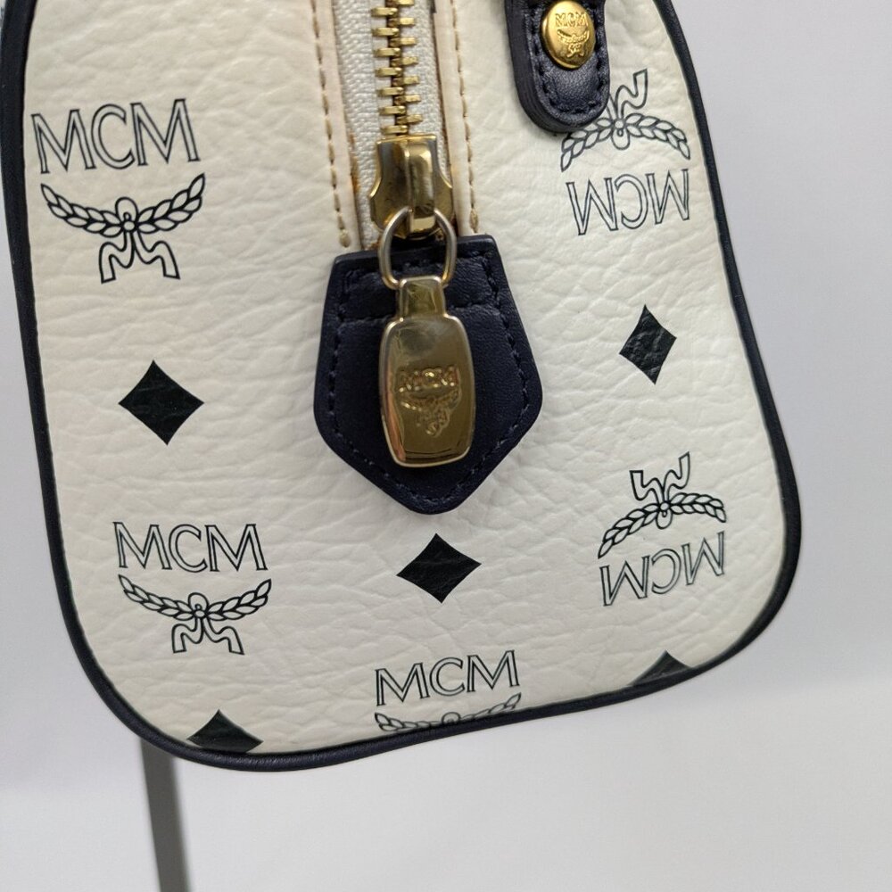 MCM Navy Blue and White Monogram Rare Boston Mini Top Handle Bag - Picture 2 of 14